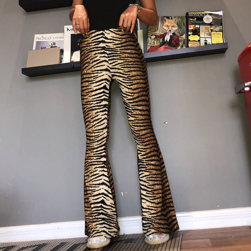 Elastic High Waist Leopard/Tiger Print Flared Pants